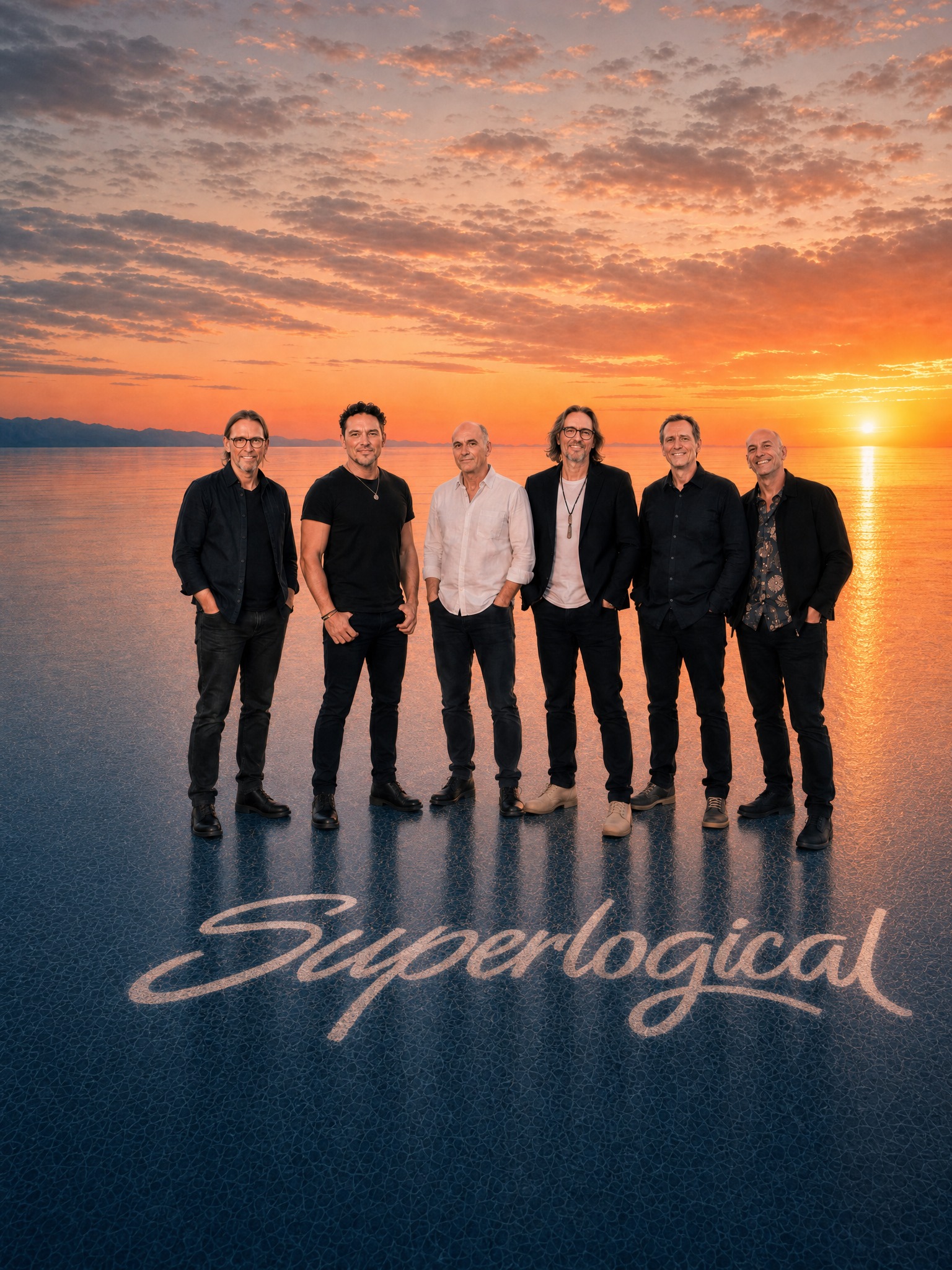 Superlogical six-piece band in front of a sunset